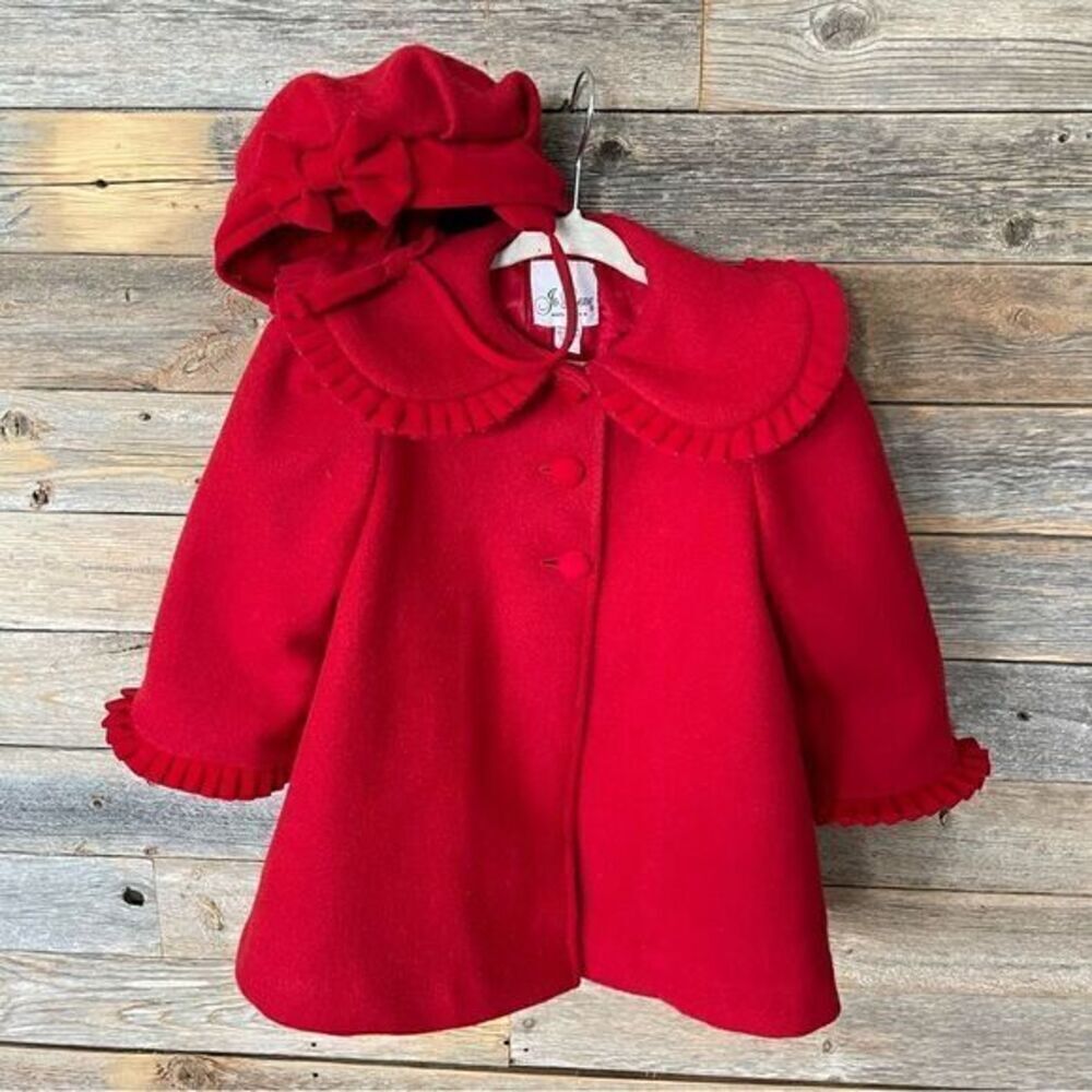 *Vintage* Jo Lene Red Wool Coat With Matching Bow-Hat Toddler Size 18M